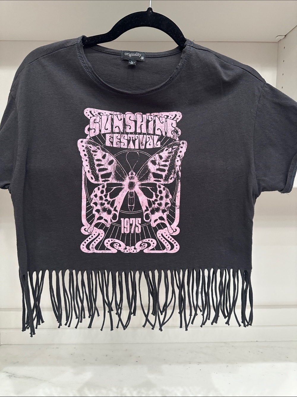 Originality large Black Fringe Crop Tee with Pink Butterfly Graphic.